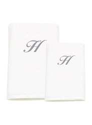 BYFT 2-Piece 100% Cotton Embroidered Letter H Bath and Hand Towel Set, White/Silver