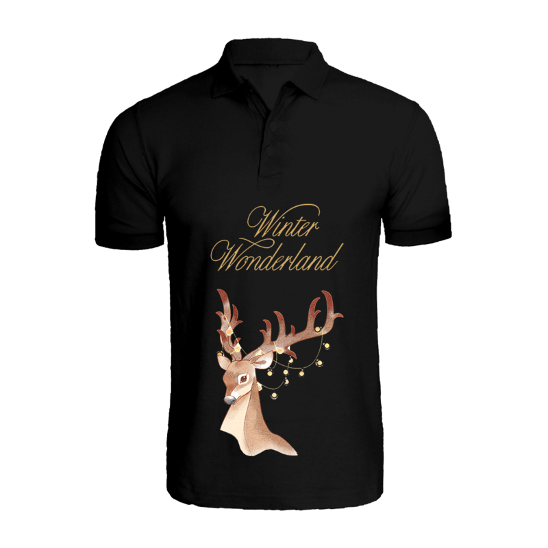 

BYFT (Black) Holiday Themed Printed Cotton T-shirt (Winter Wonderland Deer) Unisex Personalized Polo Neck T-shirt (2XL)-Set of 1 pc-220 GSM