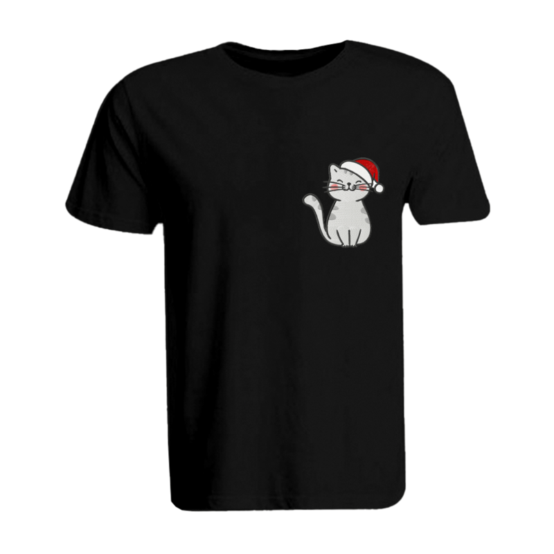 

BYFT (Black) Holiday Themed Embroidered Cotton T-shirt (Cat with Christmas Cap) Unisex Personalized Round Neck T-shirt (XL)-Set of 1 pc-190 GSM