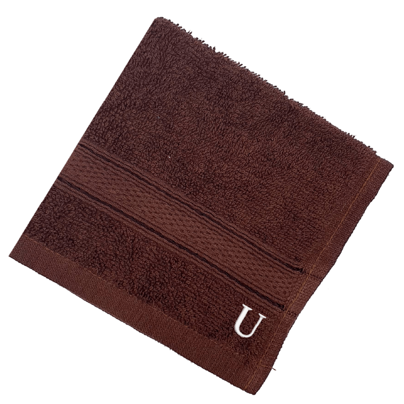 BYFT Daffodil (Brown) Monogrammed Face Towel (30 x 30 Cm-Set of 6) 100% Cotton, Absorbent and Quick dry, High Quality Bath Linen-500 Gsm White Thread Letter "U"