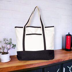 BYFT Natural Cotton Canvas Tote Bag with Black Tape Handles