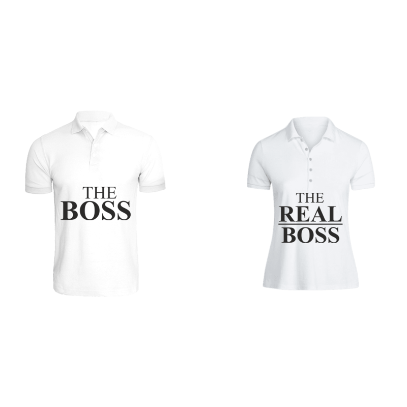 BYFT (White) Couple Printed Cotton T-shirt (The Boss & The Real Boss) Personalized Polo Neck T-shirt (2XL)-Set of 2 pcs-220 GSM