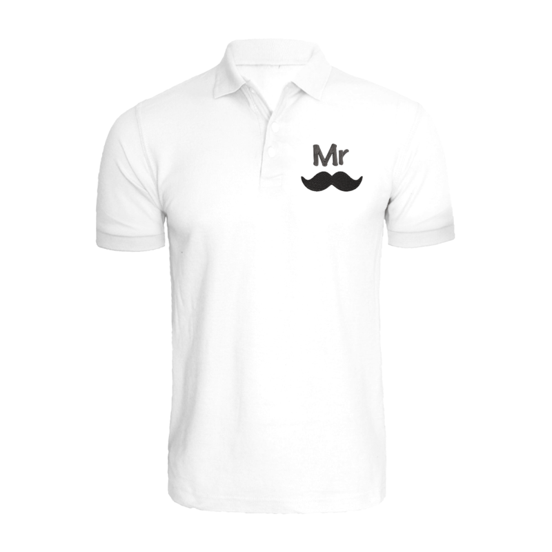 

BYFT (White) Embroidered Cotton T-shirt (Mr. Moustache) Personalized Polo Neck T-shirt For Men (Small)-Set of 1 pc-220 GSM