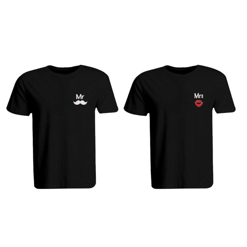 BYFT (Black) Couple Embroidered Cotton T-shirt (Mr. Moustache & Mrs. Lips) Personalized Round Neck T-shirt (Small)-Set of 2 pcs-190 GSM