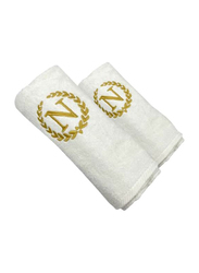 BYFT 2-Piece 100% Cotton Embroidered Letter N Bath & Hand Towel Set, White/Gold