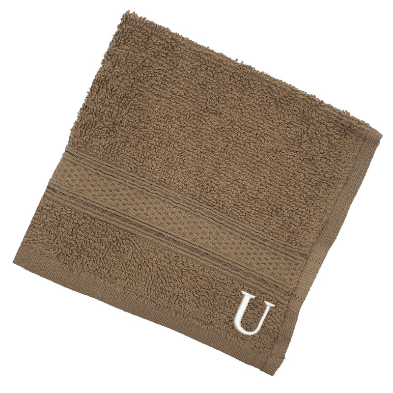 BYFT Daffodil (Dark Beige) Monogrammed Face Towel (30 x 30 Cm-Set of 6) 100% Cotton, Absorbent and Quick dry, High Quality Bath Linen-500 Gsm White Thread Letter "U"