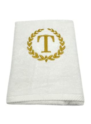 BYFT 2-Piece 100% Cotton Embroidered Letter T Bath & Hand Towel Set, White/Gold