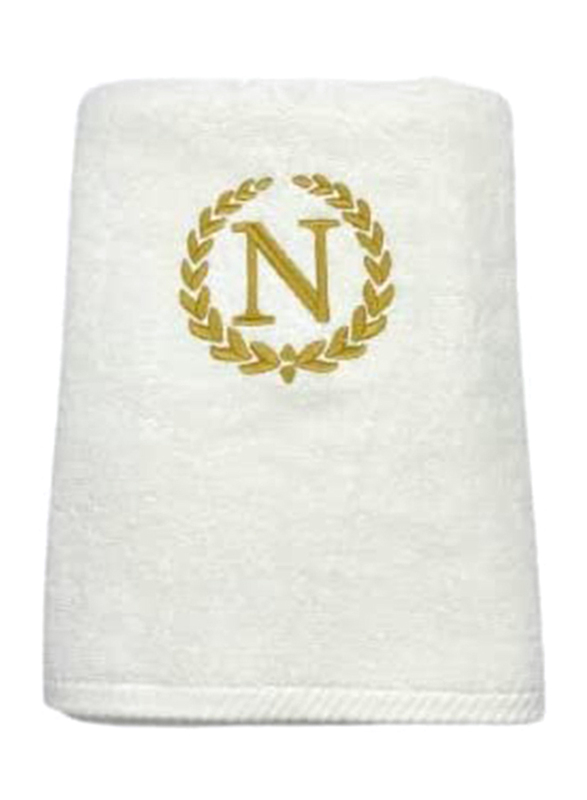 BYFT 2-Piece 100% Cotton Embroidered Letter N Bath & Hand Towel Set, White/Gold