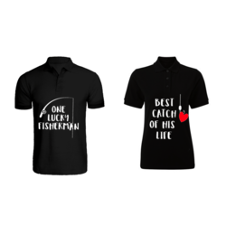 BYFT (Black) Couple Printed Cotton T-shirt (Best Catch Fisherman) Personalized Polo Neck T-shirt (2XL)-Set of 2 pcs-220 GSM