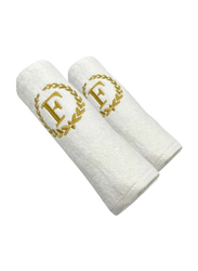 BYFT 2-Piece 100% Cotton Embroidered Letter F Bath & Hand Towel Set, White/Gold