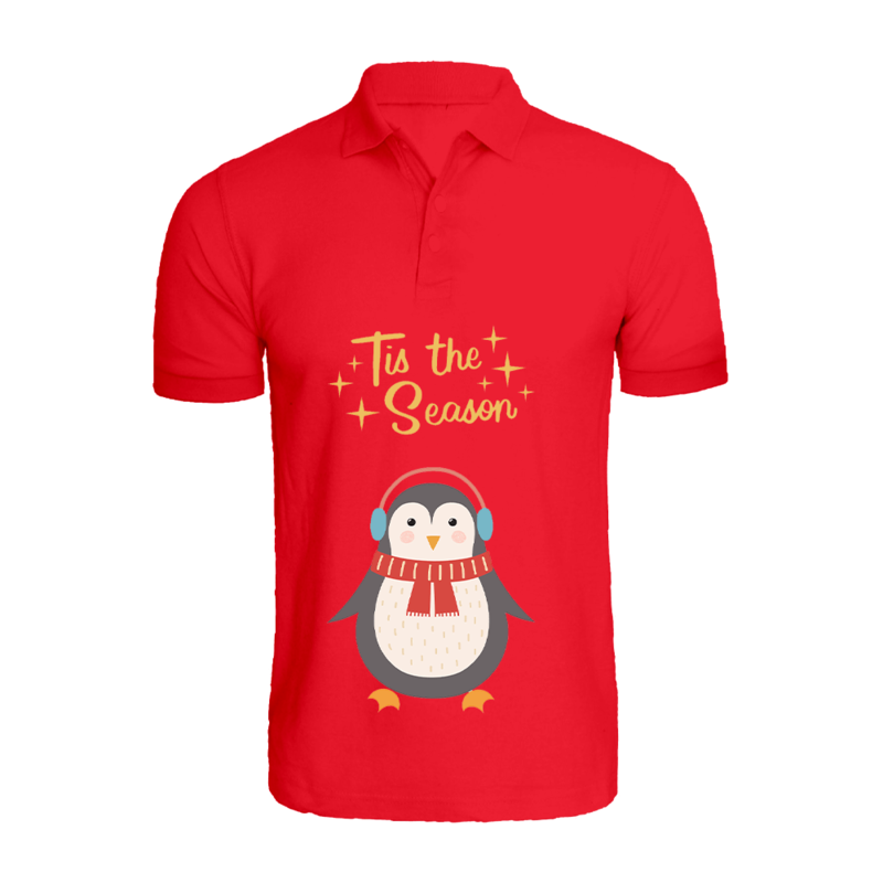 

BYFT (Red) Holiday Themed Printed Cotton T-shirt (Tis The Season Penguin) Unisex Personalized Polo Neck T-shirt (Medium)-Set of 1 pc-220 GSM