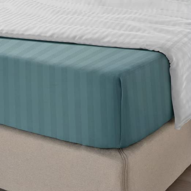 BYFT Tulip 100% Cotton Satin Stripe Flat Bed Sheet, 300 Tc, 1cm, 220 x 280cm, Queen, Sea Green