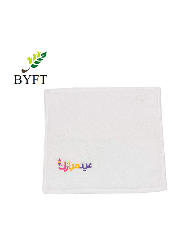 BYFT 6-Piece 100% Cotton Embroidered Eid Mubarak Hand Towel Set, 33 x 33cm, White