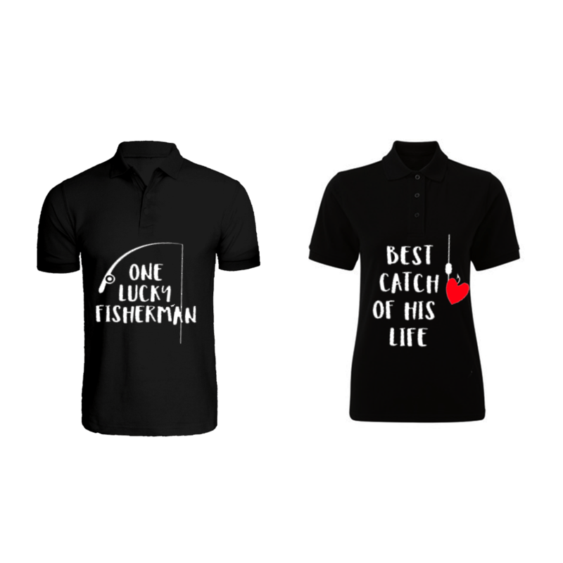 

BYFT (Black) Couple Printed Cotton T-shirt (Best Catch Fisherman) Personalized Polo Neck T-shirt (XL)-Set of 2 pcs-220 GSM