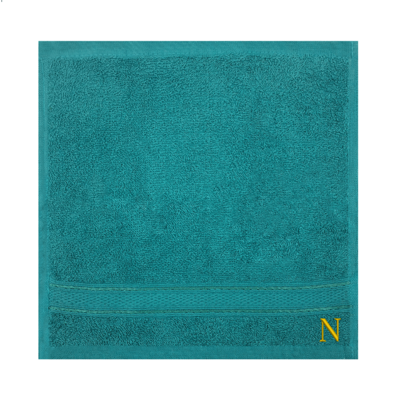 BYFT Daffodil (Turquoise Blue) Monogrammed Face Towel (30 x 30 Cm-Set of 6) 100% Cotton, Absorbent and Quick dry, High Quality Bath Linen-500 Gsm Golden Thread Letter "N"