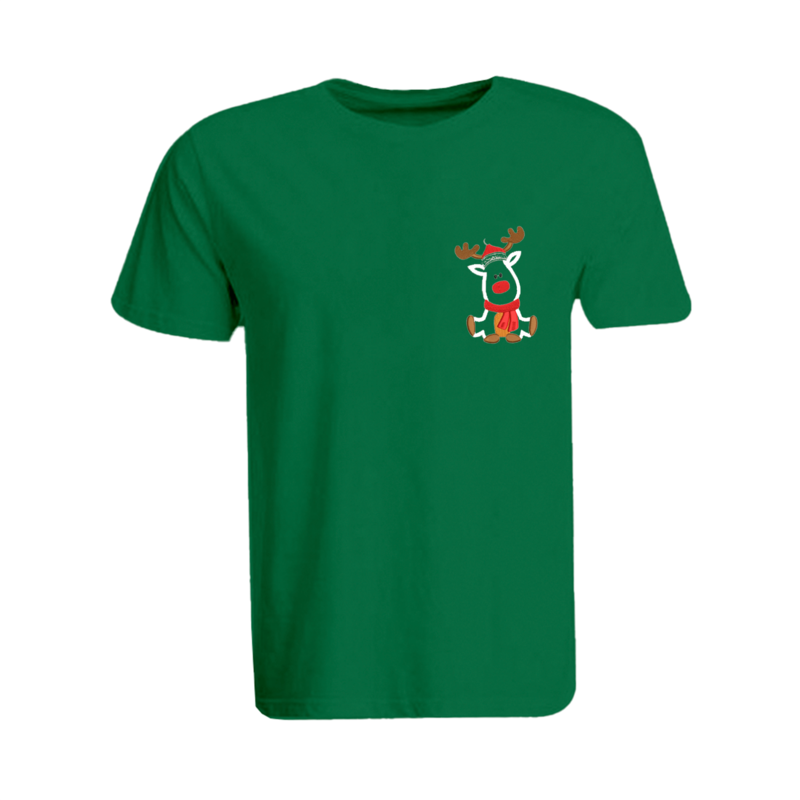 BYFT (Green) Holiday Themed Embroidered Cotton T-shirt (Reindeer With Christmas Cap) Unisex Personalized Round Neck T-shirt (Small)-Set of 1 pc-190 GSM
