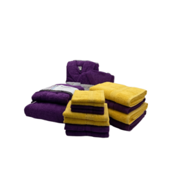 Daffodil(Purple & Yellow)100% Cotton Premium Bath Linen Set(4 Face,4 Hand,2 Adult & 2 Kids Bath Towels with 2 Adult & 2,12yr Kids Bathrobe)Super Soft,Quick Dry & Highly Absorbent Family Pack of 16Pcs