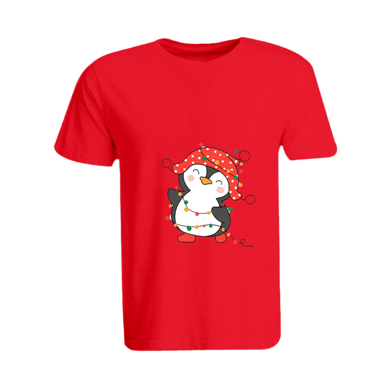 

BYFT (Red) Holiday Themed Printed Cotton T-shirt (Penguin Entangled in String Lights) Unisex Personalized Round Neck T-shirt (2XL)-Set of 1 pc-190 GSM