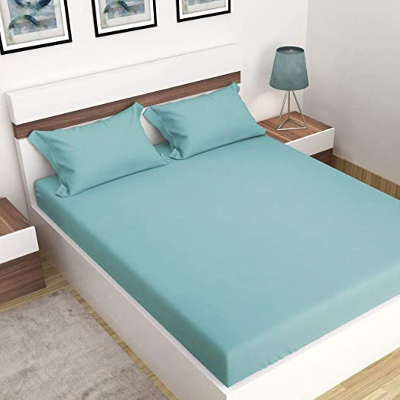 BYFT Tulip 100% Percale Cotton Fitted Bed Sheet, 180 Tc, 160 x 210 + 30cm, Queen, Sea Green