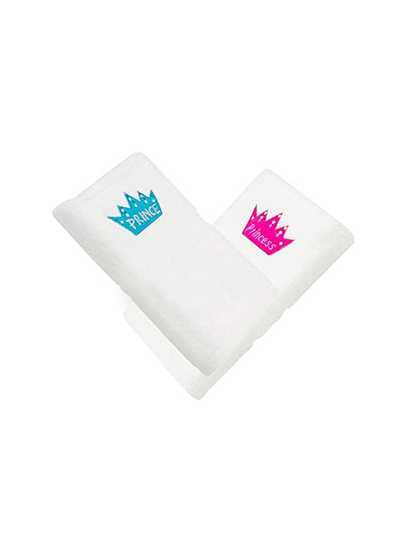 BYFT 2-Piece 100% Cotton Embroidered Princess & Prince Bath Towel, 70 x 140cm, White