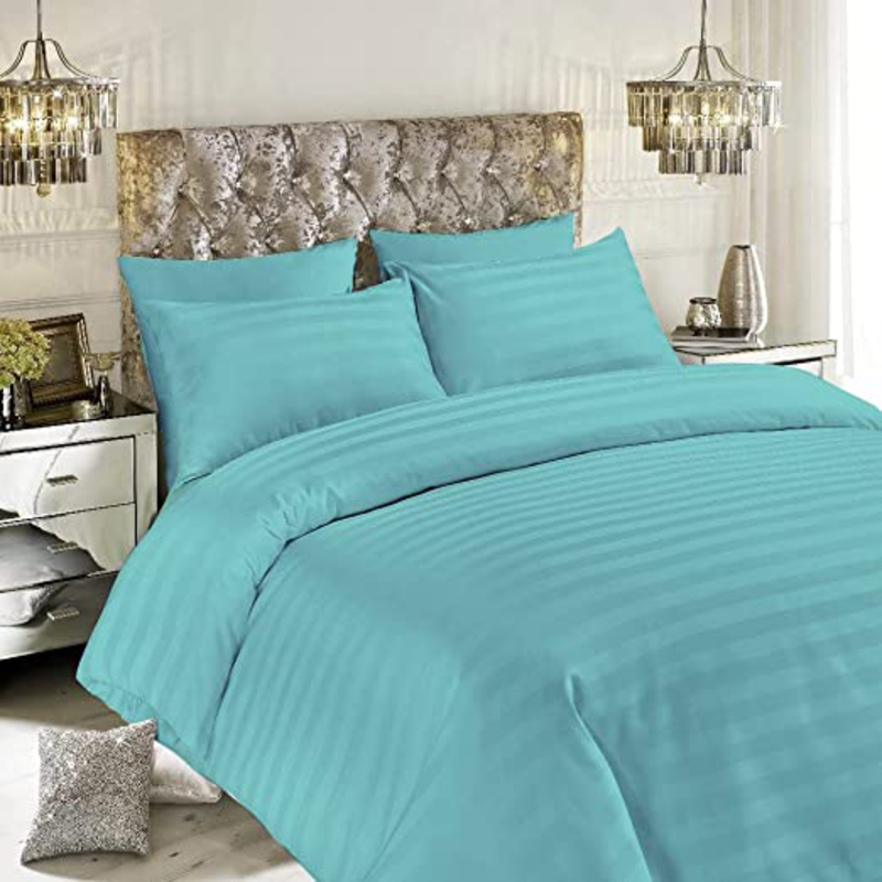 BYFT Tulip 100% Cotton Satin Stripe Duvet Cover, 300 Tc, 1cm, 225 x 245 + 30cm, Queen, Sea Green