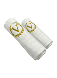 BYFT 2-Piece 100% Cotton Embroidered Letter V Bath & Hand Towel Set, White/Gold