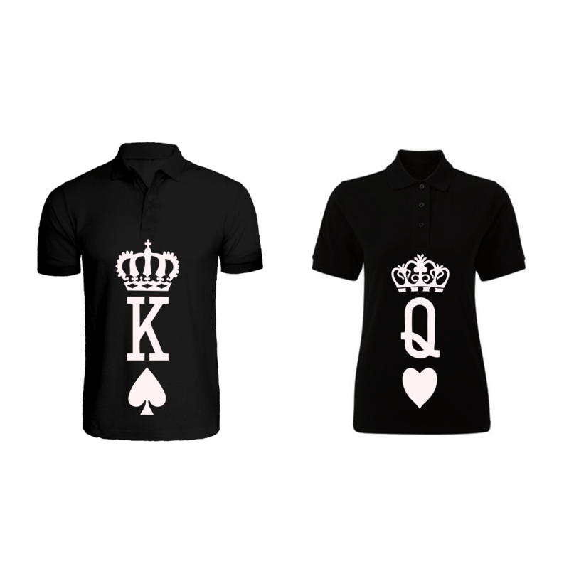 BYFT (Black) Couple Printed Cotton T-shirt (Crown King & Queen) Personalized Polo Neck T-shirt (2XL)-Set of 2 pcs-220 GSM