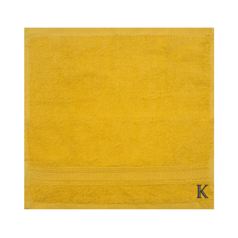 BYFT Daffodil (Yellow) Monogrammed Face Towel (30 x 30 Cm-Set of 6) 100% Cotton, Absorbent and Quick dry, High Quality Bath Linen-500 Gsm Black Thread Letter "K"