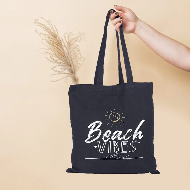 BYFT Black Cotton Flat Tote Bag (Beach Vibes)
