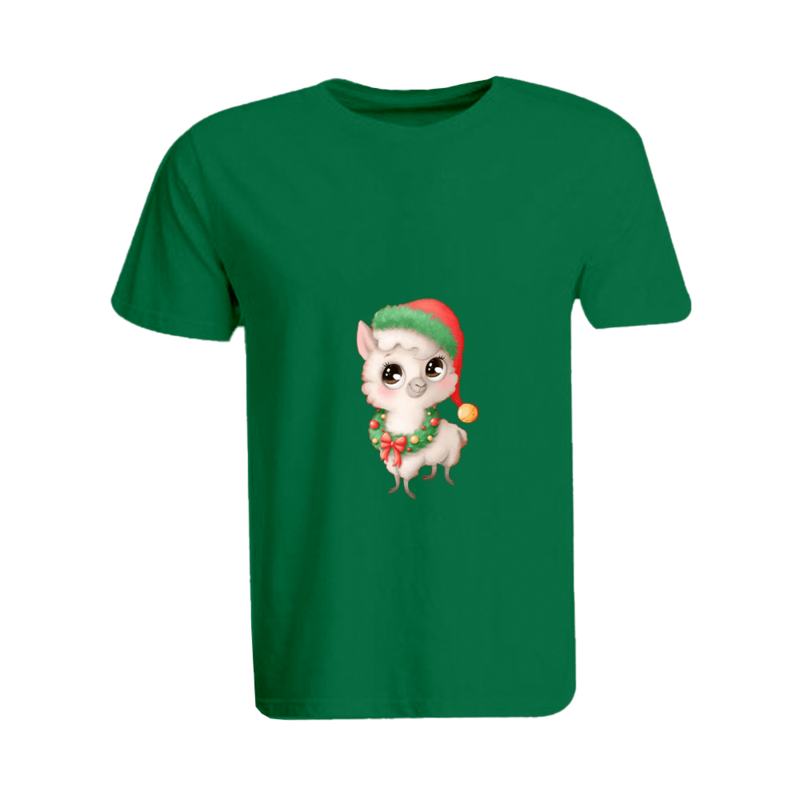 BYFT (Green) Holiday Themed Printed Cotton T-shirt (Llama with Christmas Cap) Unisex Personalized Round Neck T-shirt (Large)-Set of 1 pc-190 GSM