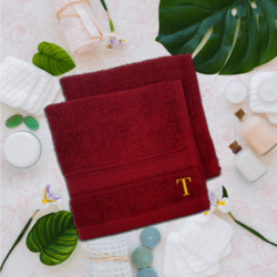 BYFT Daffodil (Burgundy) Monogrammed Face Towel (30 x 30 Cm-Set of 6) 100% Cotton, Absorbent and Quick dry, High Quality Bath Linen-500 Gsm Golden Thread Letter "T"