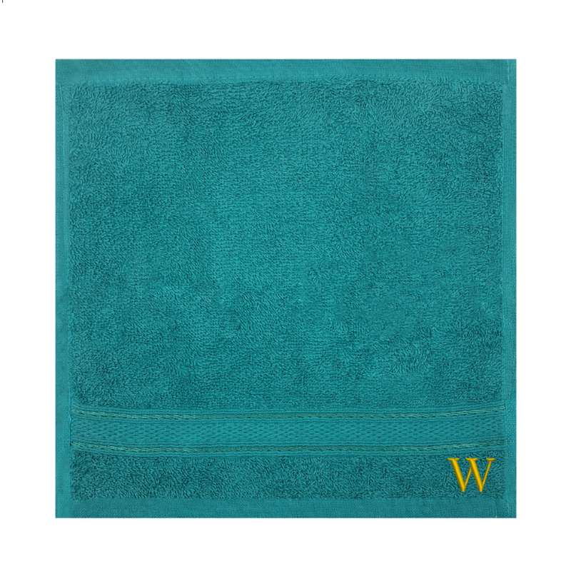 BYFT Daffodil (Turquoise Blue) Monogrammed Face Towel (30 x 30 Cm-Set of 6) 100% Cotton, Absorbent and Quick dry, High Quality Bath Linen-500 Gsm Golden Thread Letter "W"