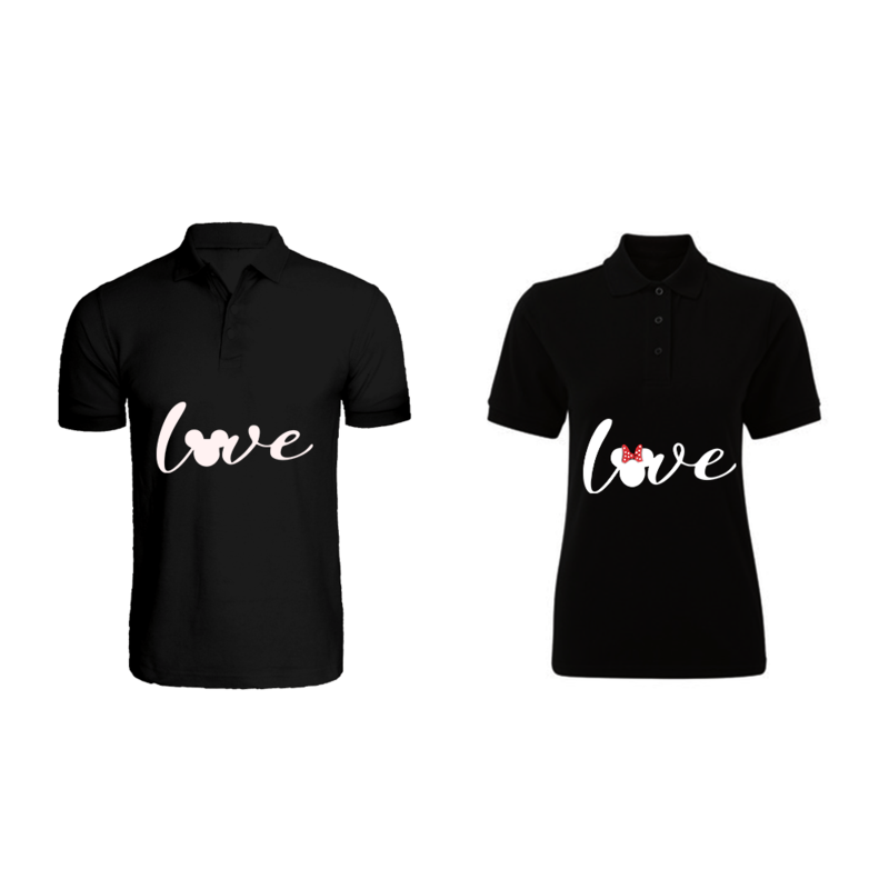 BYFT (Black) Couple Printed Cotton T-shirt (Mickey & Minnie Love) Personalized Polo Neck T-shirt (Medium)-Set of 2 pcs-220 GSM