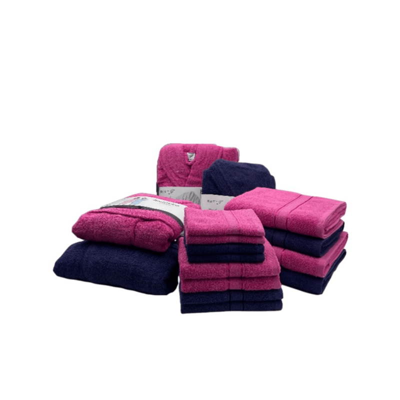 Daffodil(Fuchsia Pink & Navy Blue)100% Cotton Premium Bath Linen Set(4 Face,4 Hand,2 Adult & 2 Kids Bath Towels with 2 Adult & 2,8yr Kids Bathrobe)Super Soft,Quick Dry & Highly Absorbent Pack of 16Pc