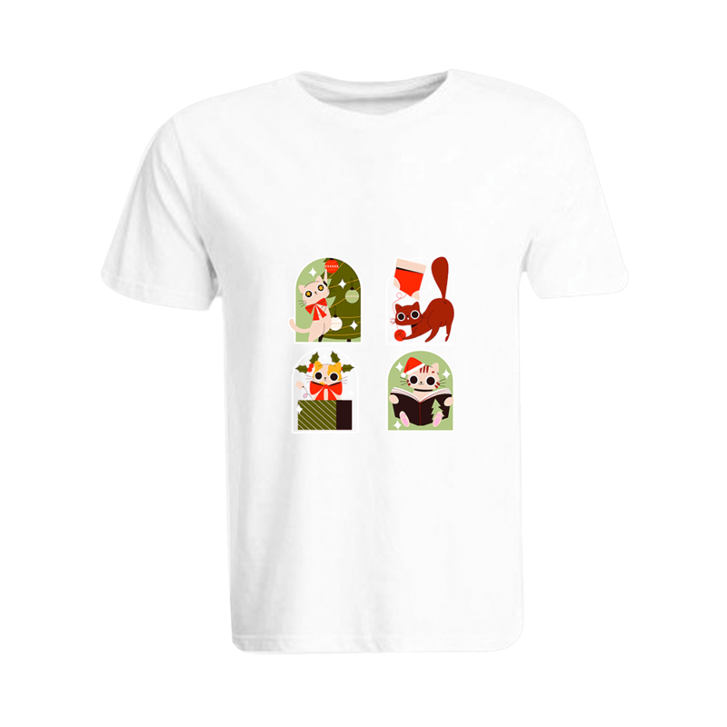 BYFT (White) Holiday Themed Printed Cotton T-shirt (Christmas Cats) Unisex Personalized Round Neck T-shirt (XL)-Set of 1 pc-190 GSM