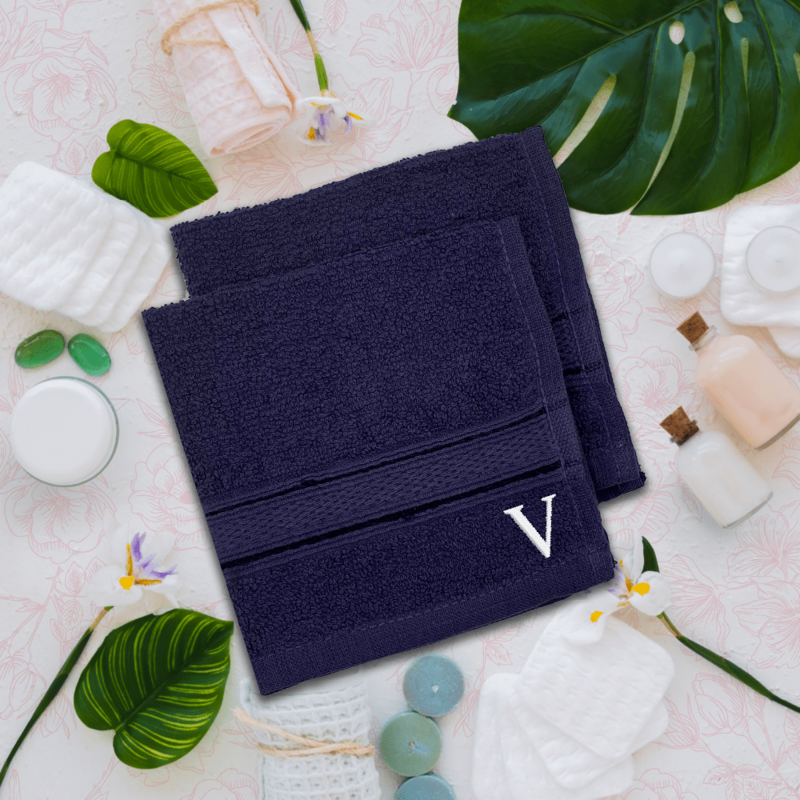 BYFT Daffodil (Navy Blue) Monogrammed Face Towel (30 x 30 Cm-Set of 6) 100% Cotton, Absorbent and Quick dry, High Quality Bath Linen-500 Gsm White Thread Letter "V"