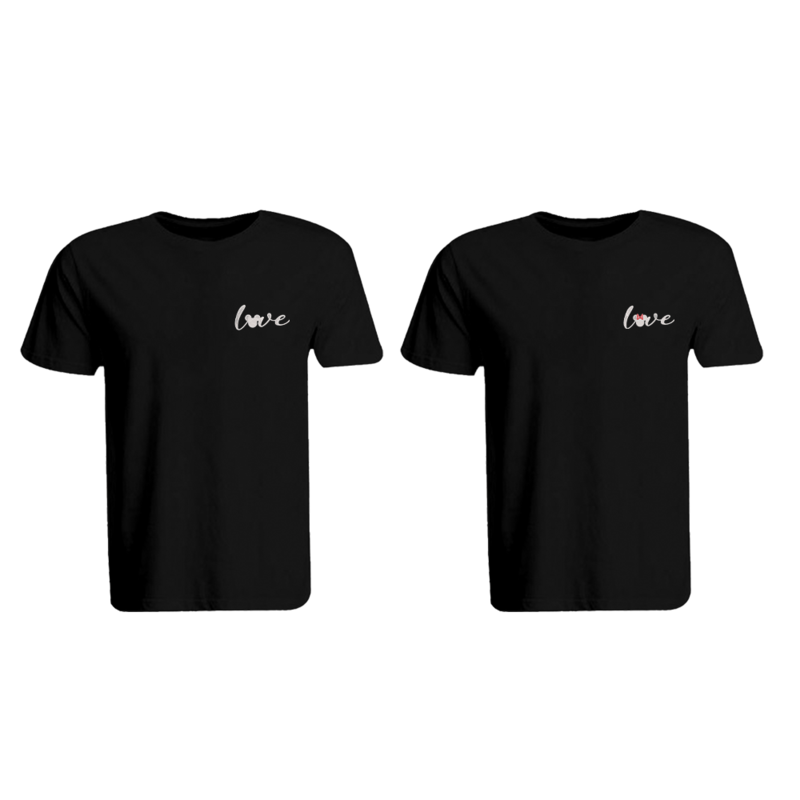 BYFT (Black) Couple Embroidered Cotton T-shirt (Mickey & Minnie Love) Personalized Round Neck T-shirt (Medium)-Set of 2 pcs-190 GSM