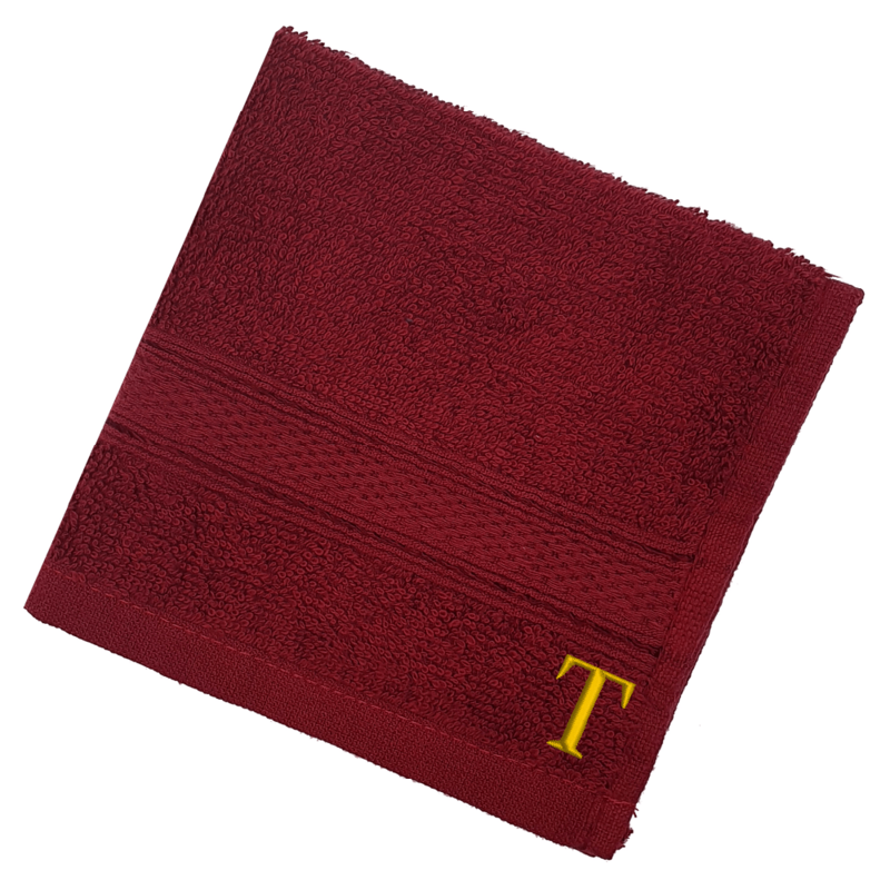 BYFT Daffodil (Burgundy) Monogrammed Face Towel (30 x 30 Cm-Set of 6) 100% Cotton, Absorbent and Quick dry, High Quality Bath Linen-500 Gsm Golden Thread Letter "T"