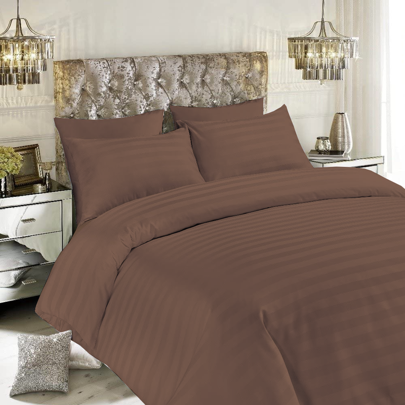 BYFT Tulip (Dark Brown) King Size Flat Sheet, Duvet Cover and Pillow case Set with 1 cm Satin Stripe (Set of 2 Pcs) 100% Cotton Percale Soft and Luxurious Hotel Quality Bed linen -300 TC