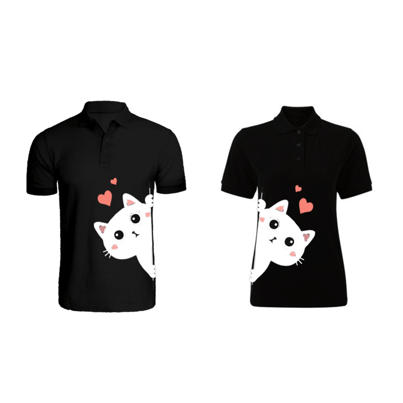 

BYFT (Black) Couple Printed Cotton T-shirt (Kitty) Personalized Polo Neck T-shirt (Medium)-Set of 2 pcs-220 GSM