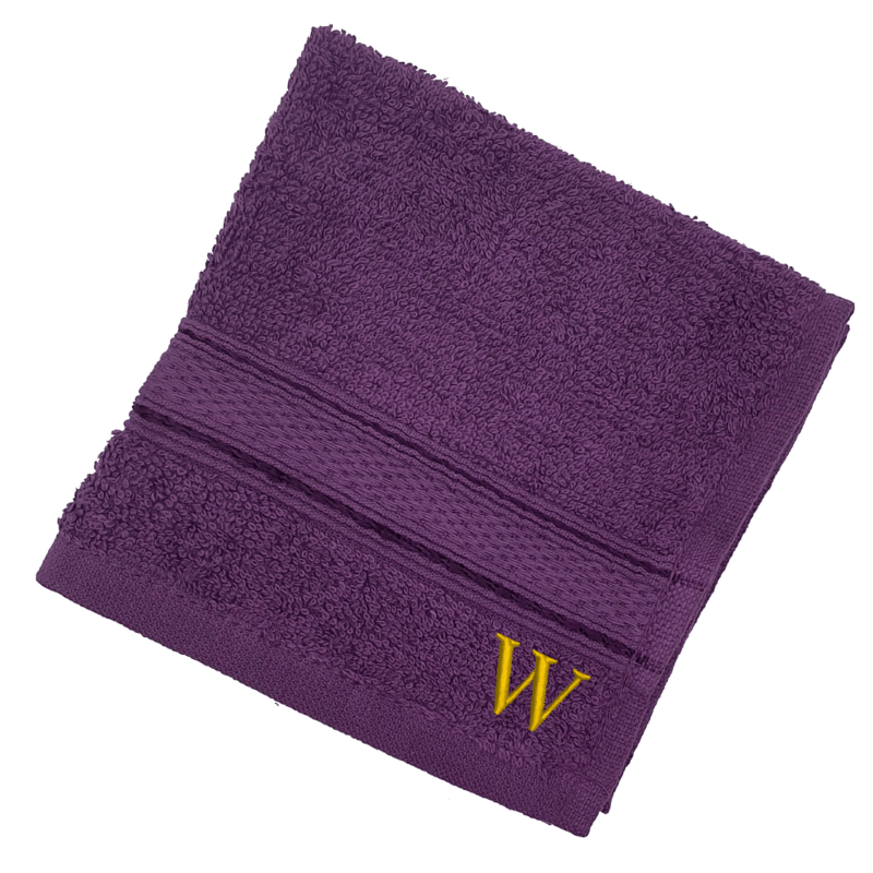 BYFT Daffodil (Purple) Monogrammed Face Towel (30 x 30 Cm-Set of 6) 100% Cotton, Absorbent and Quick dry, High Quality Bath Linen-500 Gsm Golden Thread Letter "W"