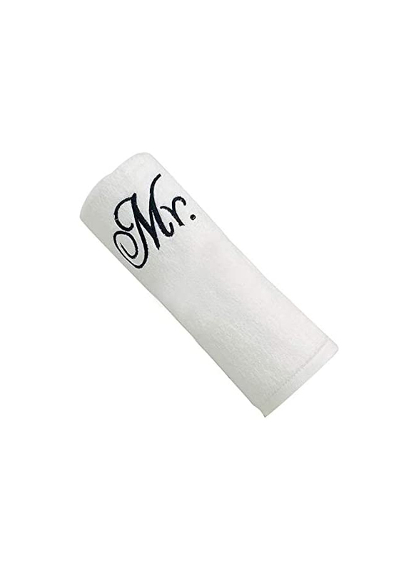 BYFT 2-Piece 100% Cotton Embroidered Mrs. & Mr. Hand Towel Set, 50 x 80cm, White/Black