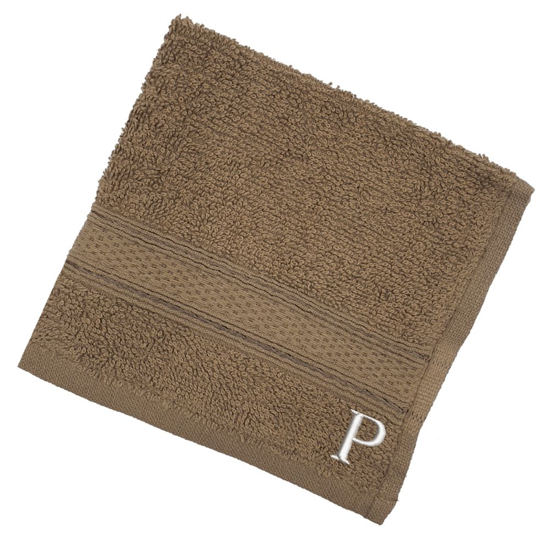 BYFT Daffodil (Dark Beige) Monogrammed Face Towel (30 x 30 Cm-Set of 6) 100% Cotton, Absorbent and Quick dry, High Quality Bath Linen-500 Gsm White Thread Letter "P"