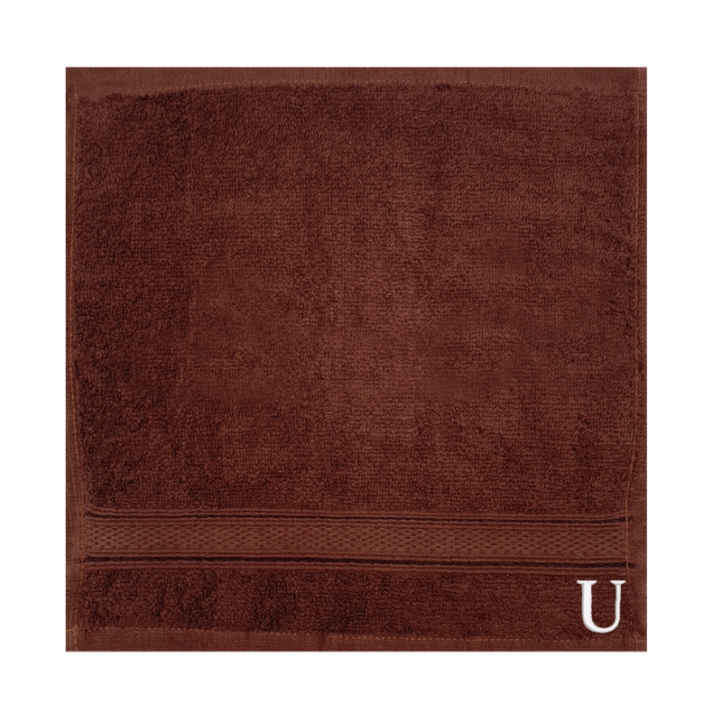 BYFT Daffodil (Brown) Monogrammed Face Towel (30 x 30 Cm-Set of 6) 100% Cotton, Absorbent and Quick dry, High Quality Bath Linen-500 Gsm White Thread Letter "U"