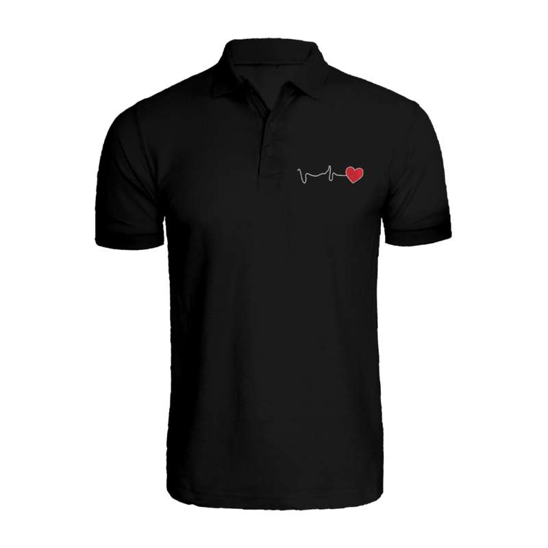 BYFT (Black) Embroidered Cotton T-shirt (Heartbeat ) Personalized Polo Neck T-shirt For Men (Small)-Set of 1 pc-220 GSM