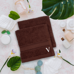 BYFT Daffodil (Brown) Monogrammed Face Towel (30 x 30 Cm-Set of 6) 100% Cotton, Absorbent and Quick dry, High Quality Bath Linen-500 Gsm White Thread Letter "V"