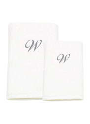 BYFT 2-Piece 100% Cotton Embroidered Letter W Bath & Hand Towel Set, White/Silver