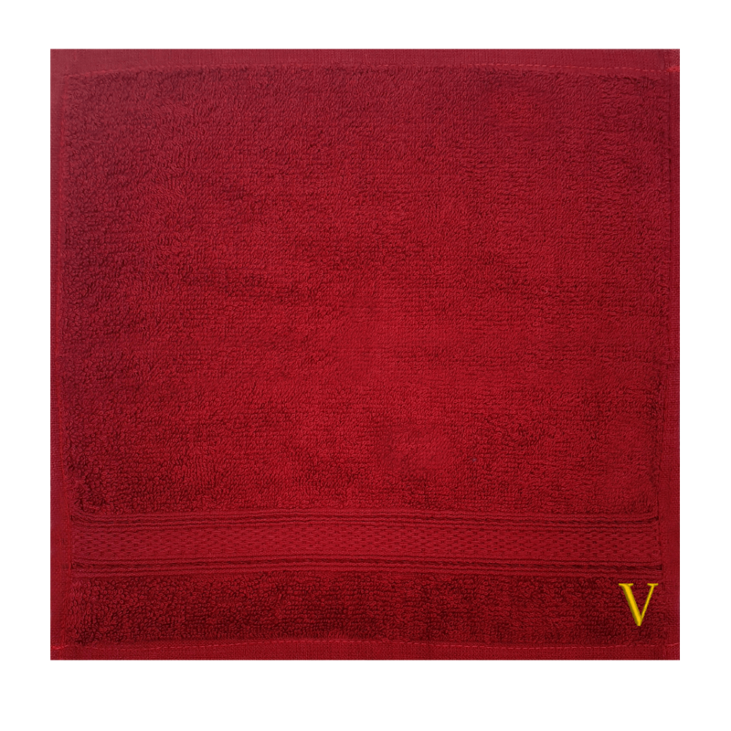 BYFT Daffodil (Burgundy) Monogrammed Face Towel (30 x 30 Cm-Set of 6) 100% Cotton, Absorbent and Quick dry, High Quality Bath Linen-500 Gsm Golden Thread Letter "V"