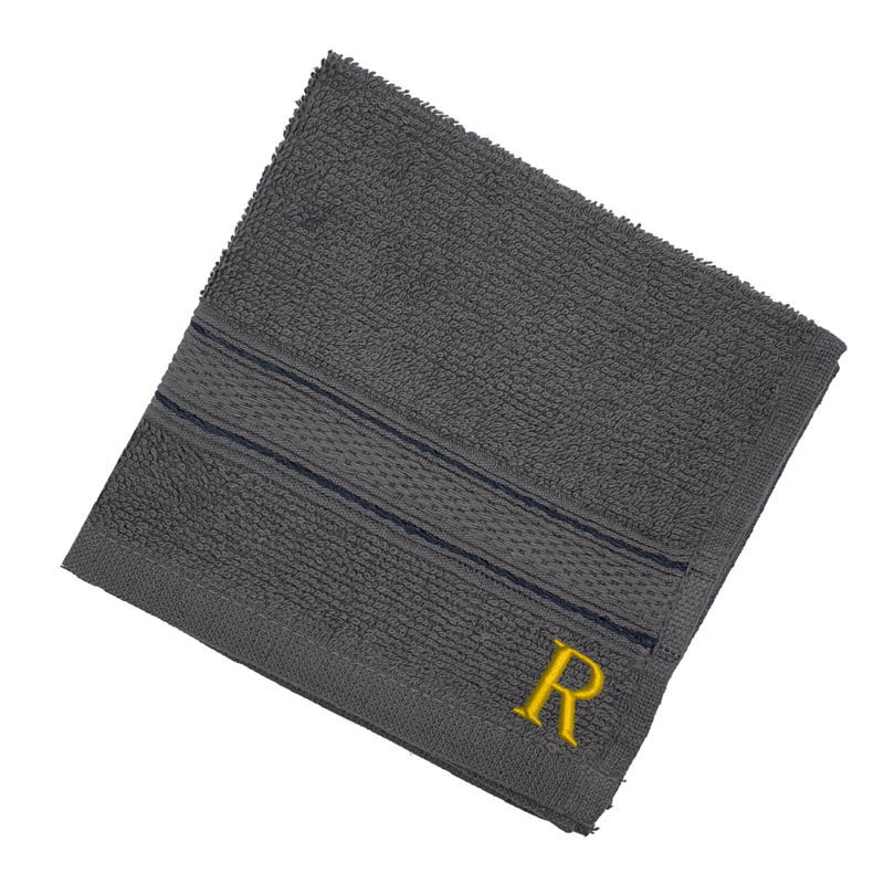 BYFT Daffodil (Dark Grey) Monogrammed Face Towel (30 x 30 Cm-Set of 6) 100% Cotton, Absorbent and Quick dry, High Quality Bath Linen-500 Gsm Golden Thread Letter "R"