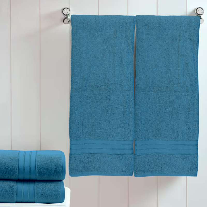 BYFT Home Trendy (Blue) Premium Bath Sheet  (90 x 180 Cm - Set of 2) 100% Cotton Highly Absorbent, High Quality Bath linen with Striped Dobby 550 Gsm